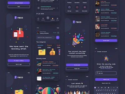 Screenshot Organizer App 🧙🏻‍♂️ app backup categories cloud dark design emoji illustration organizer purple screenshot simple ui