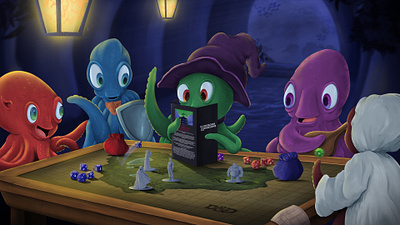 Octopi Dungeons & Dragons Game Night cartoon character concept character design concept art design dice digital painting dnd dungeons and dragons elf fantasy game design graphic design illustration octopi octopus paladin roleplaying underwater wizard