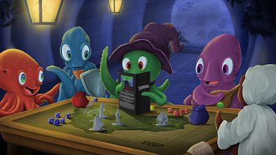 Octopi Dungeons & Dragons Game Night cartoon character concept character design concept art design dice digital painting dnd dungeons and dragons elf fantasy game design graphic design illustration octopi octopus paladin roleplaying underwater wizard