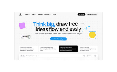 Whiteboard landing page affine app branding design landing page productivity ui ux visual web website whiteboard