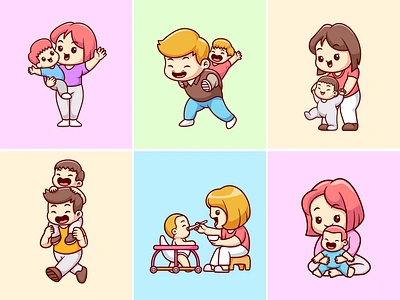 Parents and Children👫👶🏻 baby branding cartoon character children cute dad dad life doodle family flat icon illustration kids logo mom mom life parenthood parenting parents