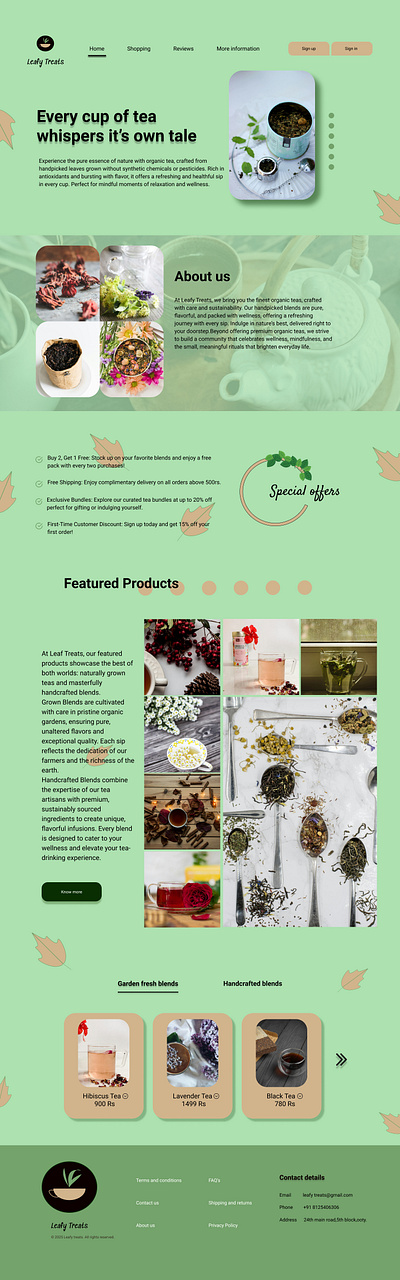 Leafy crafts - Home page for a tea ecommerce website. branding design homepage illustration logo typography ui ux vector website