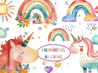 Enchanting Unicorns cute unicorns digital stickers enchanting unicorns magical unicorns nursery unicorn rainbow clipart unicorns clipart watercolor unicorns