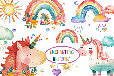 Enchanting Unicorns cute unicorns digital stickers enchanting unicorns magical unicorns nursery unicorn rainbow clipart unicorns clipart watercolor unicorns