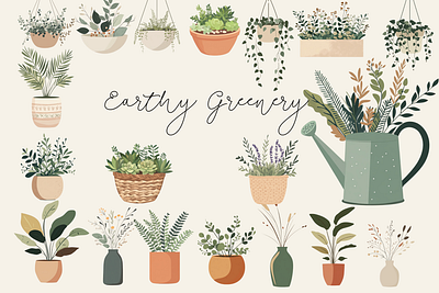 Earthy Greenery botanical digital clipart greenery hanging plants house plants indoor plants plant clipart plant pots plants illustration potted plants succulents