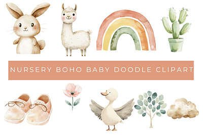 NURSERY DOODLE baby bunny baby shower clipart bohemian nursery boho baby decor boho nursery boho nursery room boho rainbow cute animal clipart kid boho doodle newborn boho baby sublimation png watercolor animal