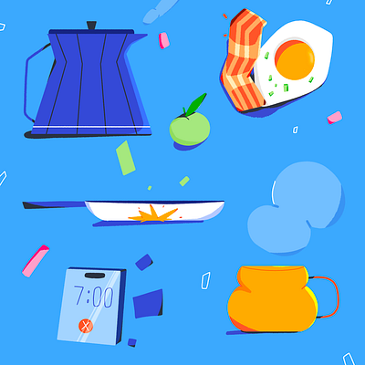 Morning routine 2d 2dillustration coffee coffee pot cooking cup design eggs food good morning graphic design illustration morning routine phone