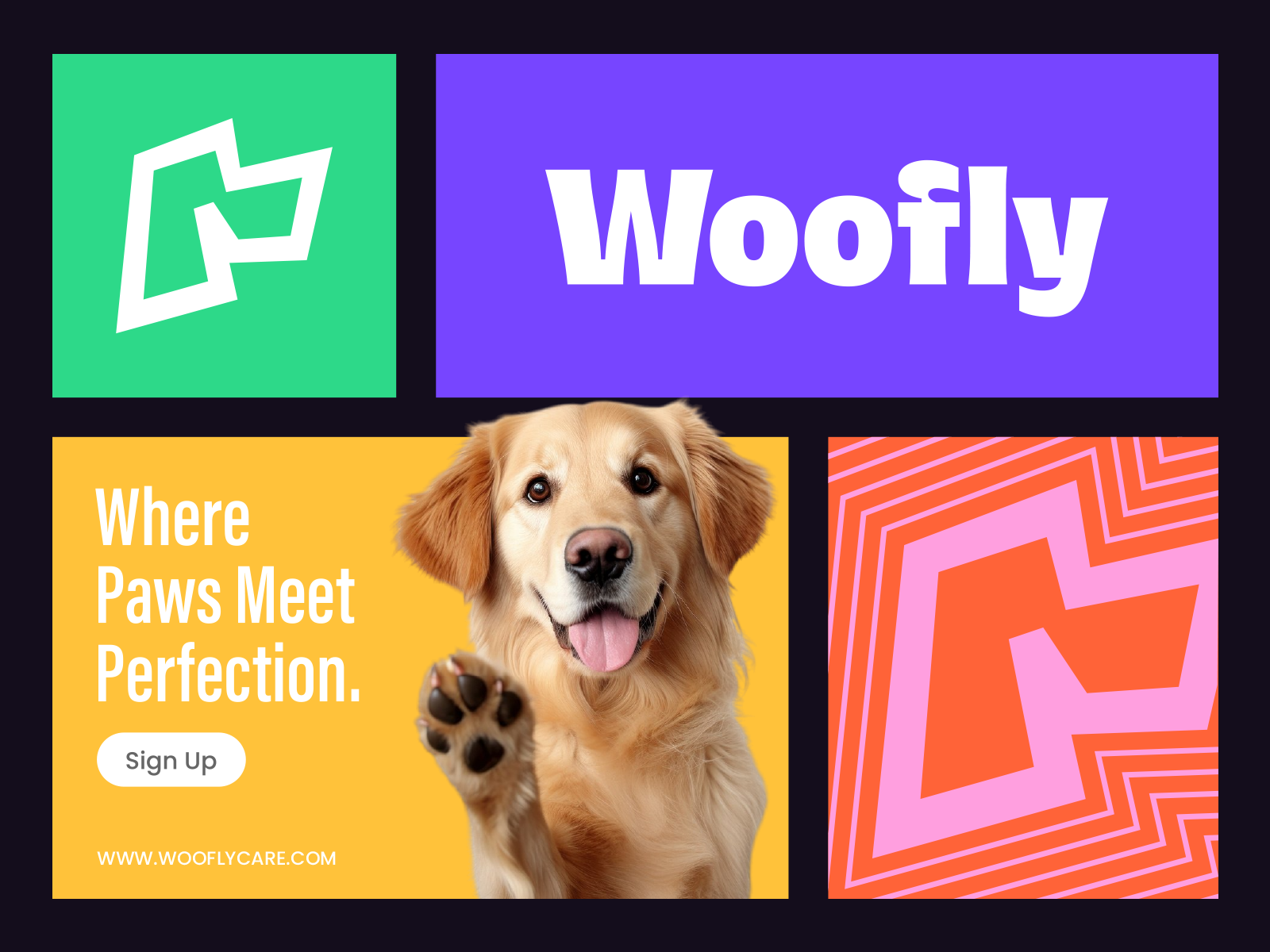 Example of Woofly - logo for dog care, food products, and pet accessories.