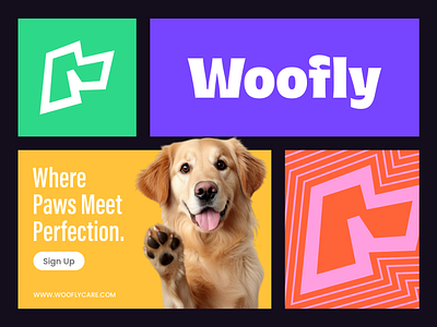 Woofly - logo for dog care, food products, and pet accessories. animal brand brand identity branding care colors dog dog logo furry health logo logo design logo designer marketing modern pet pet care product sales wellness