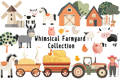 Whimischal Farmyard Collection agriculture clipart farm animals cute animals cute cow flat element cute farm animals cute horse clipart farm animals farm illustration farm party invite farm yard illustration party farm animals tractor illustration wall art farm animals