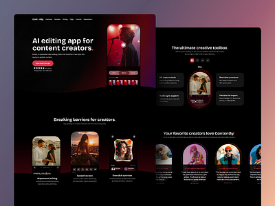 Dark-Themed AI Video Editing App Landing Page Template app landing page content creator dark gradient background influencer landing page mobile app red blue template website design