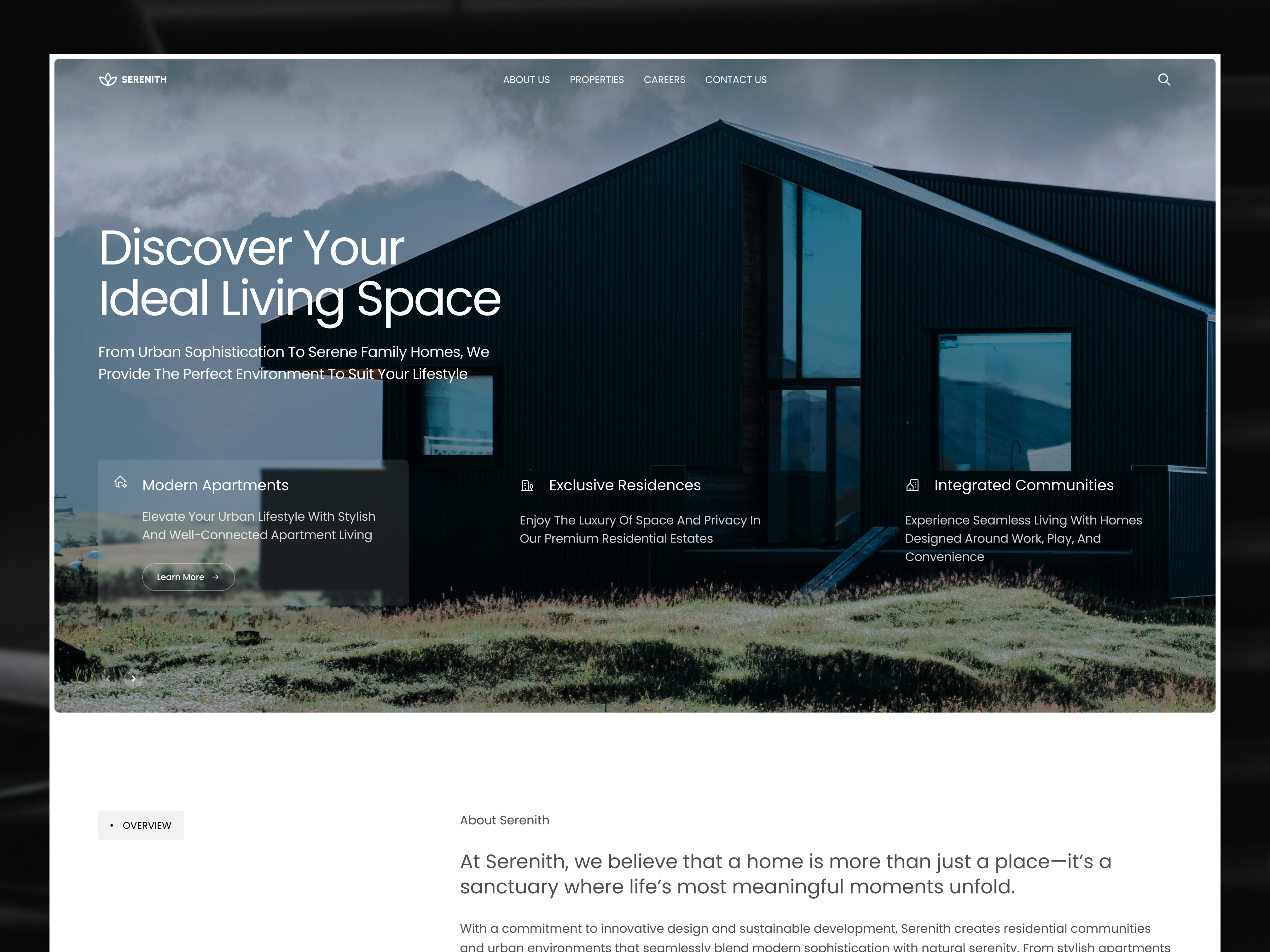 Serenith - Real Estate Website architecture building houses landing page minimalist property real estate realestate residence ui ui design ui ux visual web web design website website design