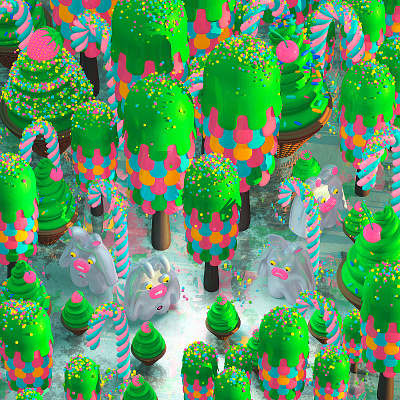 Bunnies in Christmas Forest 3d 3d illustration 3d monsters bunnies candy cane christmas illustration monsters