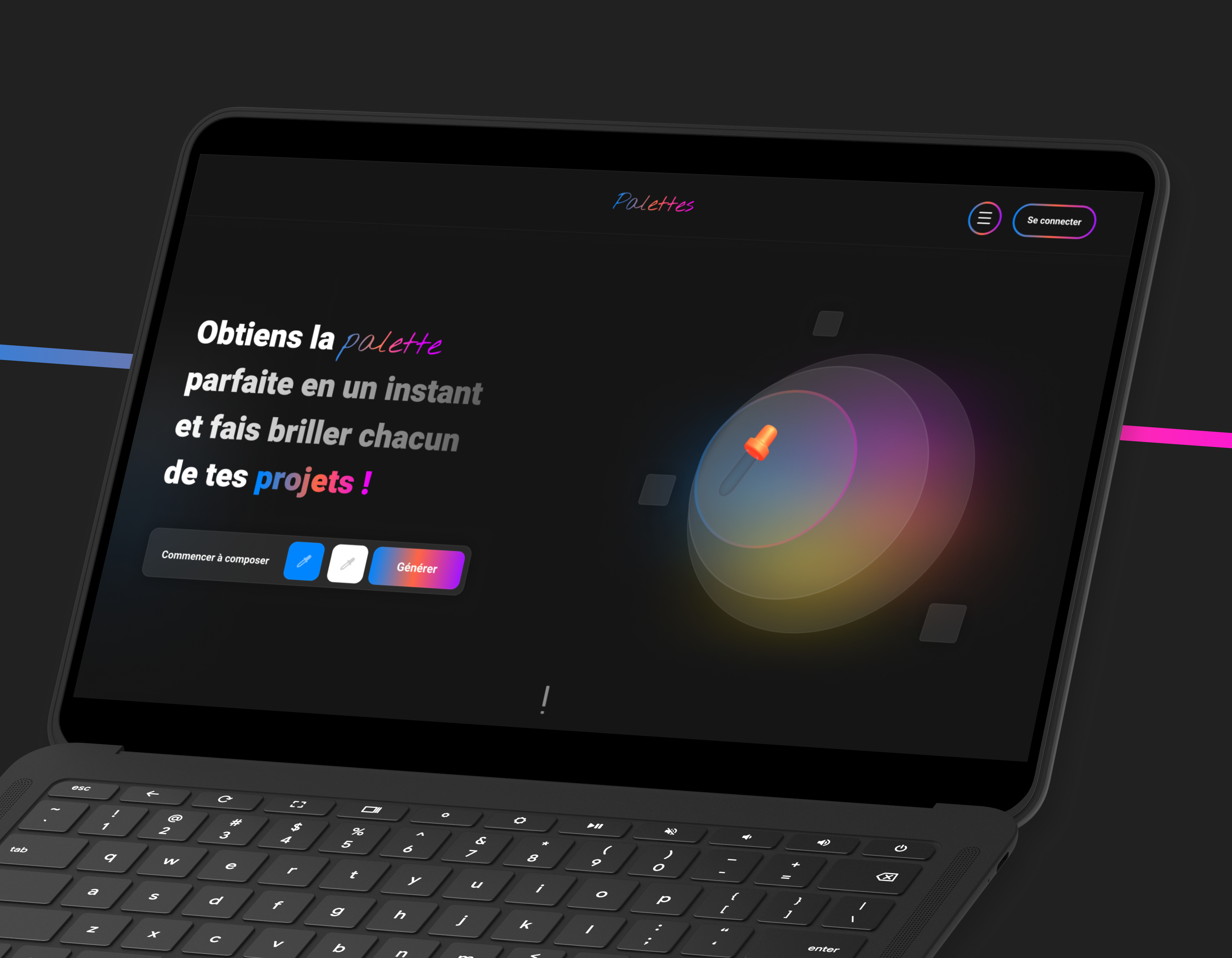 Palettes - Color generator plateform application black theme branding color color generator conception dinterface créativité dark dark theme design figma graphic design identité visuelle illustration mobile product product design ui ux website