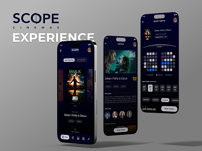 Scope Cinema Mobile App app design inspiration cinema app design dark mode ui mobile app design movie app ui online movie booking scope cinemas seat selection ui uiux design user interface design