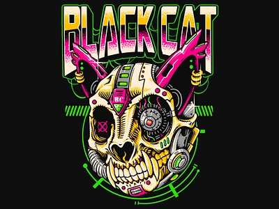 BLACK CAT, CYBORG - VECTOR ILLUSTRATION apparel art branding clothing design graphic design illustration logo mech mecha merch merchandise neon screenprint skeleton vector