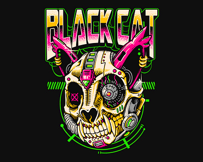 BLACK CAT, CYBORG - VECTOR ILLUSTRATION apparel art branding clothing design graphic design illustration logo mech mecha merch merchandise neon screenprint skeleton vector