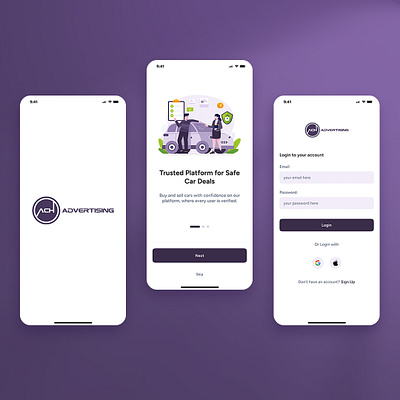 Mobile App for ACH Advertising appdevelopment appinterface apponboarding carmarketplace carsalesapp cleanui creativeagency digitaldesign marketplaceapp minimalui mobileappdesign moderndesign productdesign sleekdesign ui uiuxdesign userexperience userfriendlydesign ux zorgitgroup