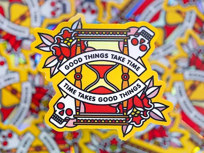 Good Things Holographic Sticker death diecut halftone holographic hourglass illustration life monoline pop art rose skull sticker tattoo