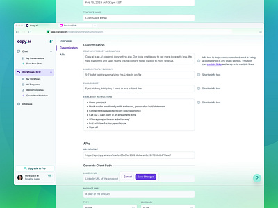 CopyAI Workflows Settings ai api app copy customization editor fab field form input notification profile settings ui user web workflows workspace