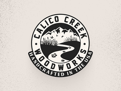 Calico Creek Woodworking logo black and white logo branding craft logo craftsmanship logo creek logo forest branding graphic design hand drawn logo heritage logo design logo minimalist vintage logos monochromatic vintage logos mountain logo nature inspired logo outdoor logo retro vintage rustic logo design vintage logo woodworking logo woodworks logo