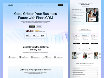 Finos - Business CRM Landing Page analytics b2b businesstools clientmanagement crm landing page crm website crmdesign crmplatform customermanagement datavisualization financial service marketing design modernui popular productivitytools sales smart crm uiux design