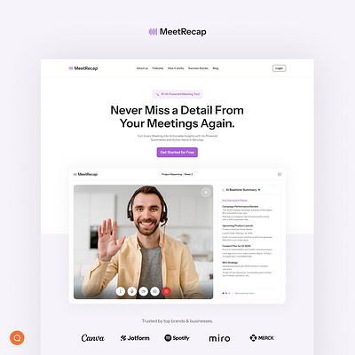 MeetRecap - AI-Powered Meeting Tool Landing Page Design ai branding clean design dribbble dribbble best shot landing page logo meeting tool product ui uiux ux web webdesign website website design