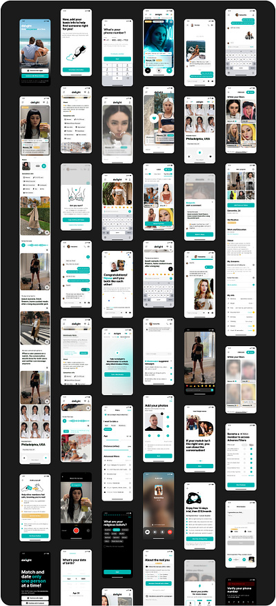 All screen for Dating iOS app. Delight app. all screens dating datingapp delight design find finder interface ios love match meet messenger app minimal mobile mobile app partner person ui uidesign