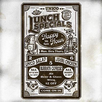 Happy Hour Sign artifact bazaar ephemera design fusion cuisine happy hour italian cuisine japanese cuisine logo design los angeles dining lunch specials menu branding menu design procreate brushes restaurant branding retro menu service industry specials menu street menu street sign texture brushes vintage menu