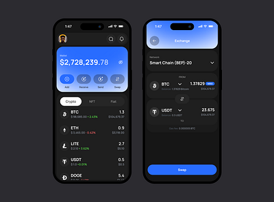 Sleek Crypto Wallet UI – Swap & Manage with Ease crypto design finance mobile app nft ui ui design uiux ux wallet web3