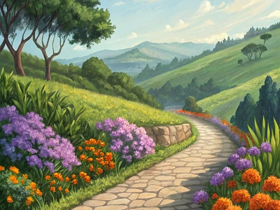 colorful landscape painting features a charming cobblestone path design font sans serif graphic design illustration vector