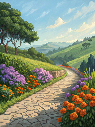 colorful landscape painting features a charming cobblestone path design font sans serif graphic design illustration vector