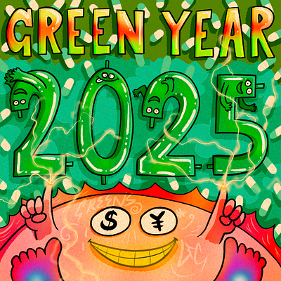 "Happy Green Year 2025" 2025 art branding card cartoon color pencil design draw dream fun greaffiti handmade illustration new year eve typography water ink