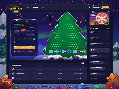 Christmas Bet: Plinko game (Christmas Event) casino casino game christmas christmas tree control panel dark interface dashboard free speen gambling game game interface game panel leaderboard plinko present product design ui uiux ux wheel of fortune