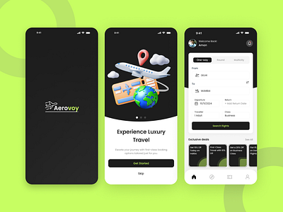 Aerovoy - Luxury Travel Booking App Design app branding design figma flightbookingapp screens ui ux appdesign