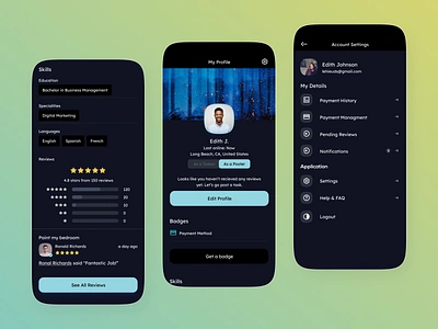 Service Provider App Design 03 app design app profile page app uiux clean app design cleaner creative mobile app design dark app design dark ui design electrician maid mobile app mobile design plumber profile profile setting page service based mobile app ui uiroll ux