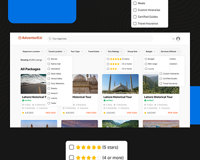 Travel Package Listings carddesign ecommerceui explore page listing page listing ui design listingui marketplaceui productlisting saasdesign searchresultsui servicelisting travel packages trip packages webappdesign