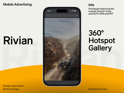 Mobile Advertising Rivian 360 advertising animation automotive branding design gallery hotspot mobile motion graphics motion ui prototype rich media rivian suv ui