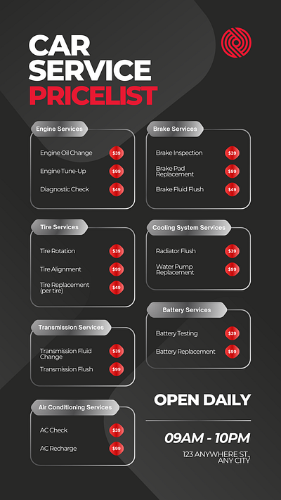 Price List Design Concept automotive cars graphic design menu price list