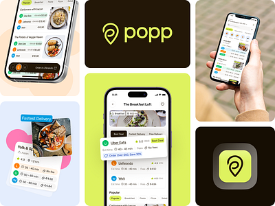 Popp - Delivery Comparison app | Mobile app app design app icon compare delivery app food delivery food order location logo logo logo p mobile mobile app mobile app design mobile app template mobile icon mobile ui popp app restaurants ui ui design ux