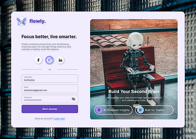 Flowly - Sign Up Page for UI Web Design design graphic design mindfulness modern ui productivity productivity app robot second brain sign up page tech startup typography ui uiux design user interface web design