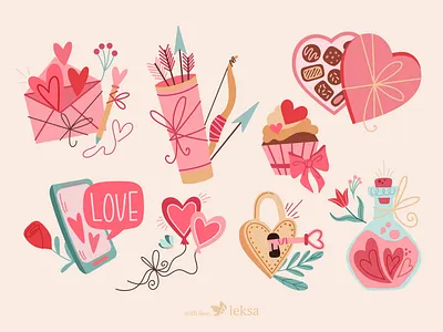 A series of cute illustrations for Valentine's Day. 2 d illustration cartoon cute illustrations design doodle style february. graphic design graphic designer ukraine illustration illustrations for purchase illustrator ukraine love pastel colors pink color romantic stickers valentines day vector graphic vintage