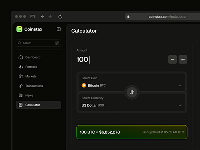 Coinstax: Crypto Exchange Rate Calculator - Dark Mode blockchain dashboard clean crypto calculator crypto converter crypto dashboard crypto exchange cryptocurrency converter dark mode dark mode dashboard dark theme dashboard dark exchange calculator fintech dashboard ui ui design web app design web app ui web3 dashboard