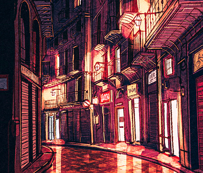 Palermo 2d alley bar city cityscape digital painting europe expressive illustration italy landscape night nightlife palermo restaurant retro sicily stylized travel urban