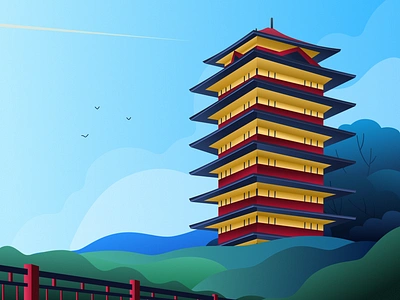 Ziyang Ziku Pavilion architecture art design blue card design cloud design digital art digital illustration green illustration landmark building mountain red sky temple tower tree vector vector illustration wallpaper