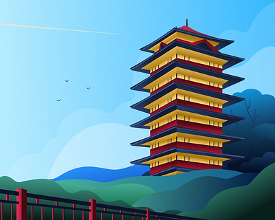 Ziyang Ziku Pavilion architecture art design blue card design cloud design digital art digital illustration green illustration landmark building mountain red sky temple tower tree vector vector illustration wallpaper