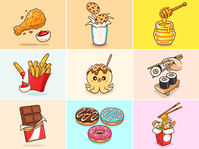 Random Food🍗🍟🍪 branding bread cartoon chicken chocolate cookies doodle doughnut drink fast food flat food honey icon illustration logo milk rice box sushi takoyaki