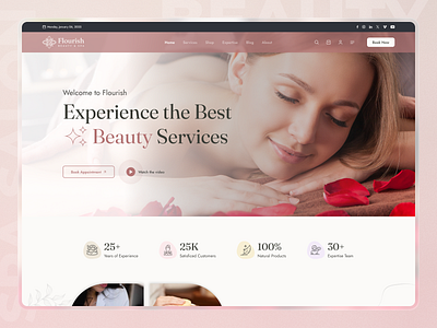 Flourish || Beauty & Spa Website Layout beauty care website beauty clinic website beauty product website cosmetics website elegant home page landing page luxury makeup website salon website skin care website spa website ui ux web web design website website design wellness center