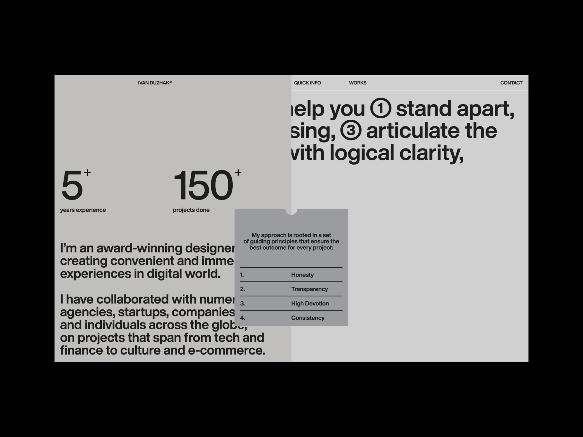 Ivan Duzhak | Portfolio Website about clean colors colors combination design desktop layouts layout portfolio sticky ui ux web web animation webdesign webflow website