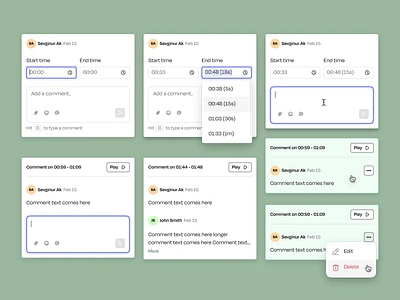 Comment box states actions active attach comment delete desktop feedback field focus state focused hover more play reply saas shortcut timestamp transcript video web app